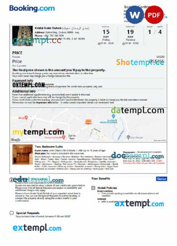 Iraq hotel booking confirmation Word and PDF template, 2 pages