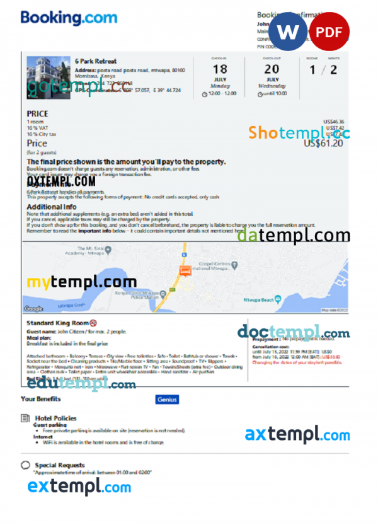 Kenya hotel booking confirmation Word and PDF template, 2 pages