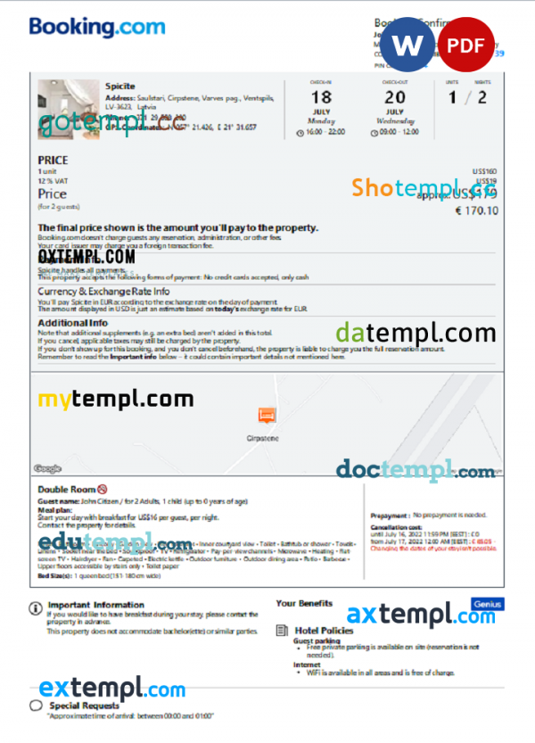 Latvia hotel booking confirmation Word and PDF template, 2 pages