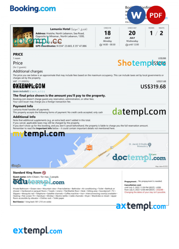 Lebanon hotel booking confirmation Word and PDF template, 2 pages