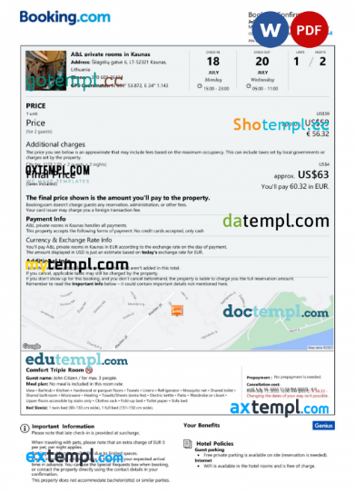 Lithuania hotel booking confirmation Word and PDF template, 2 pages