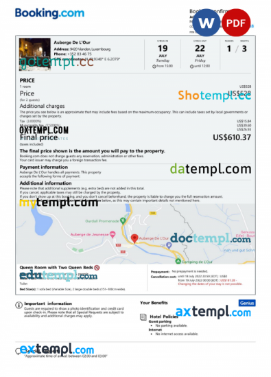 Luxembourg hotel booking confirmation Word and PDF template, 2 pages