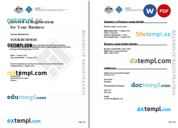 Australian Securities and Investments Commission’s (ASIC) Record of Business Registration Word and PDF template, 3 pages