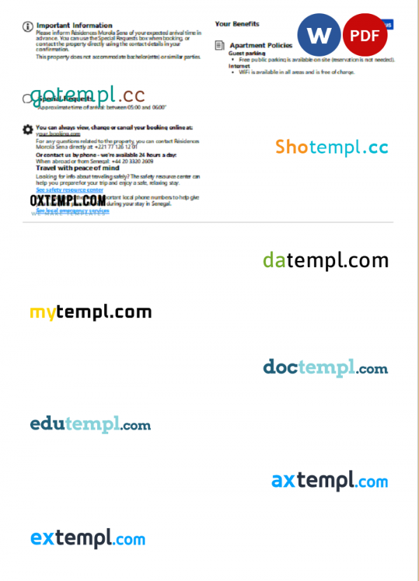 Senegal hotel booking confirmation Word and PDF template, 2 pages