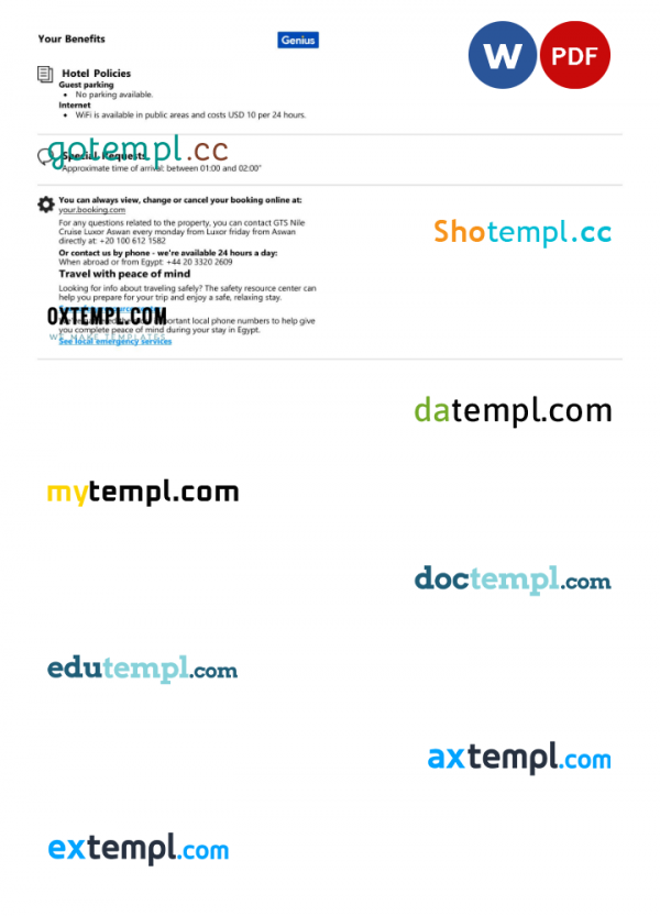 Egypt hotel booking confirmation Word and PDF template, 2 pages