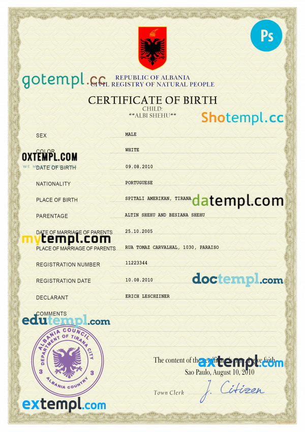 Albania birth certificate PSD template, completely editable