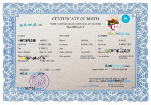 Algeria vital record birth certificate PSD template, fully editable