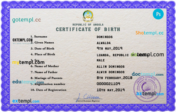 Angola vital record birth certificate PSD template, completely editable