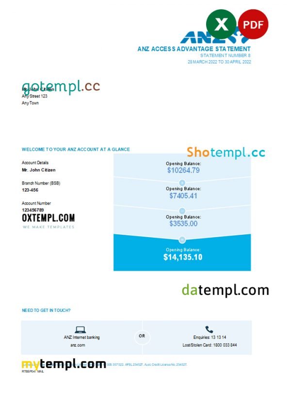 Australia ANZ bank statement easy to fill template in Excel and PDF format, 2 pages