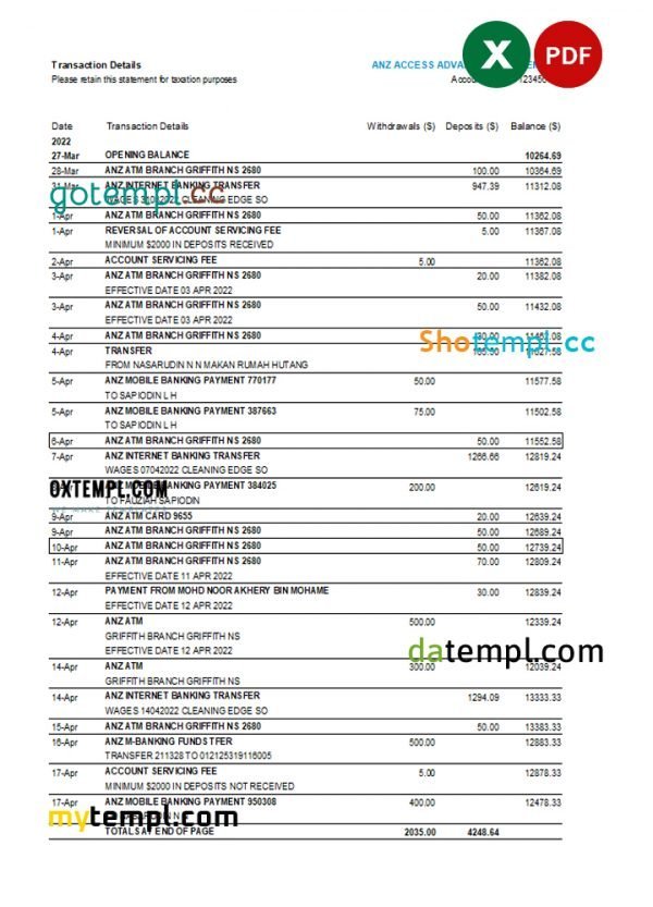 Australia ANZ bank statement easy to fill template in Excel and PDF format, 2 pages