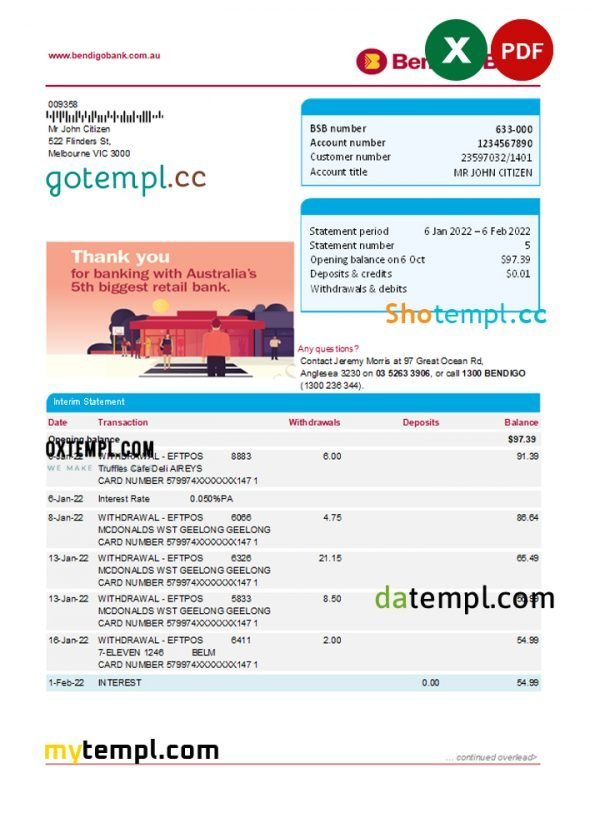 Australia Bendigo bank statement easy to fill template in Excel and PDF format, 2 pages