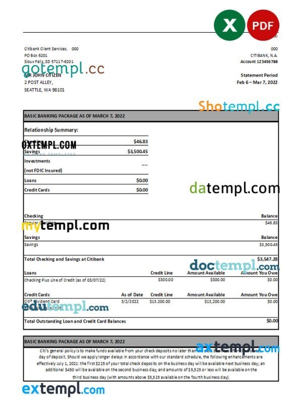 Australia Citibank bank statement Excel and PDF template