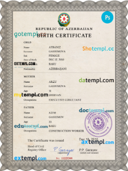 Azerbaijan birth certificate PSD template, completely editable