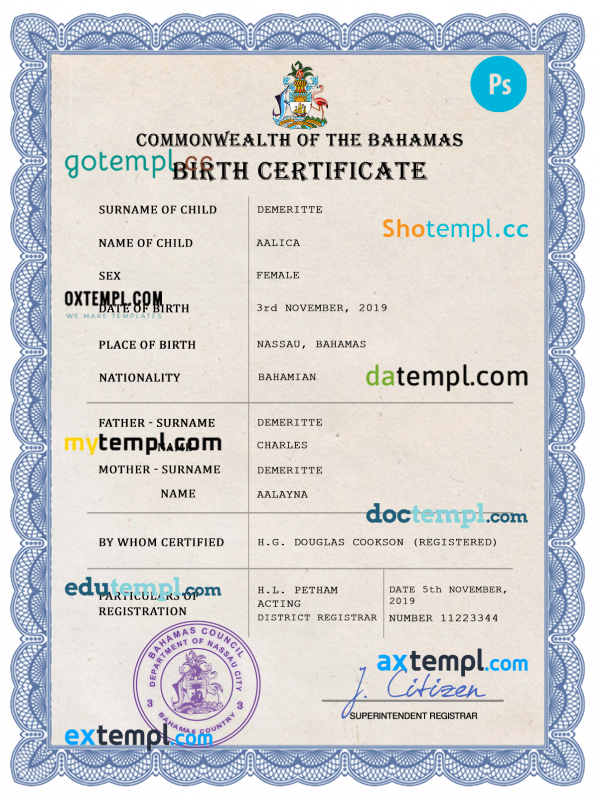 Bahamas vital record birth certificate PSD template, fully editable