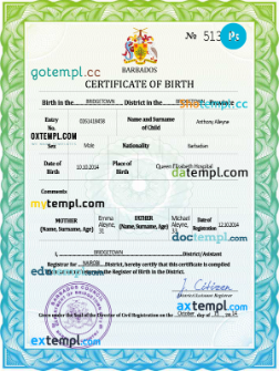 Barbados vital record birth certificate PSD template, completely editable