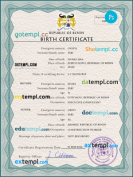 Benin vital record birth certificate PSD template, completely editable