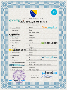 Bosnia and Herzegovina birth certificate PSD template, completely editable