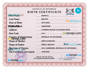Botswana vital record birth certificate PSD template, fully editable