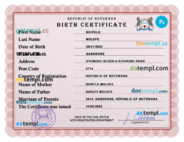 Botswana vital record birth certificate PSD template, fully editable