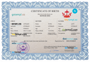 Brunei vital record birth certificate PSD template, completely editable
