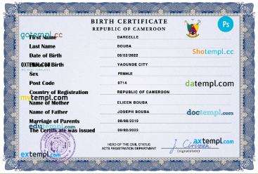 Cameroon vital record birth certificate PSD template