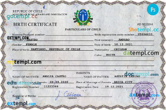 Chile vital record birth certificate PSD template