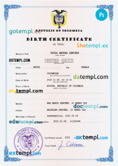 Colombia birth certificate PSD template, completely editable