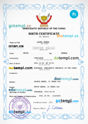 Democratic Republic of the Congo vital record birth certificate PSD template