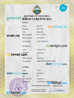 Costa Rica birth certificate PSD template, completely editable