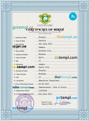 Côte d’Ivoire vital record birth certificate PSD template, fully editable