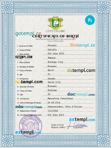 Côte d’Ivoire vital record birth certificate PSD template, fully editable