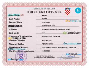 Croatia vital record birth certificate PSD template