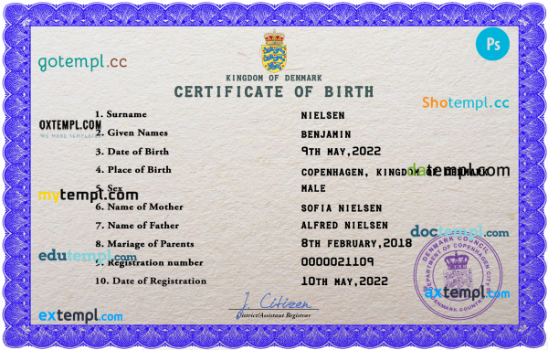 Denmark birth certificate PSD template, completely editable