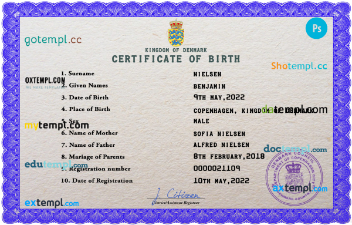 Denmark birth certificate PSD template, completely editable