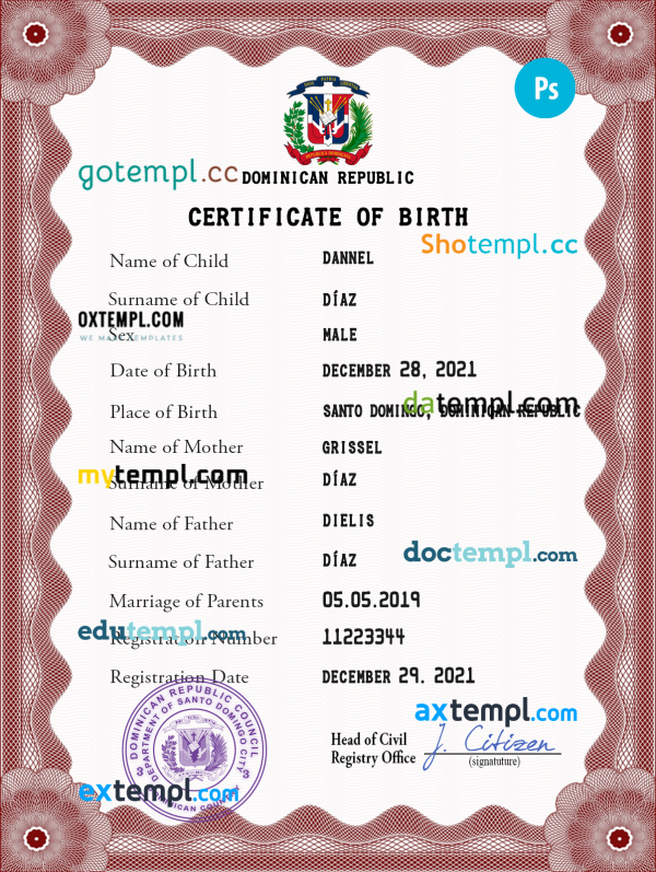 Dominican Republic vital record birth certificate PSD template, completely editable