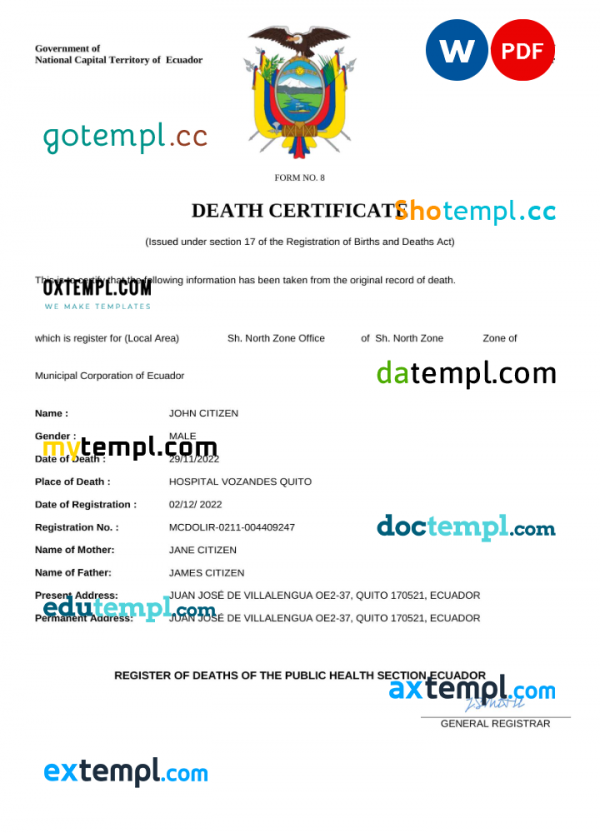 Ecuador vital record death certificate Word and PDF template