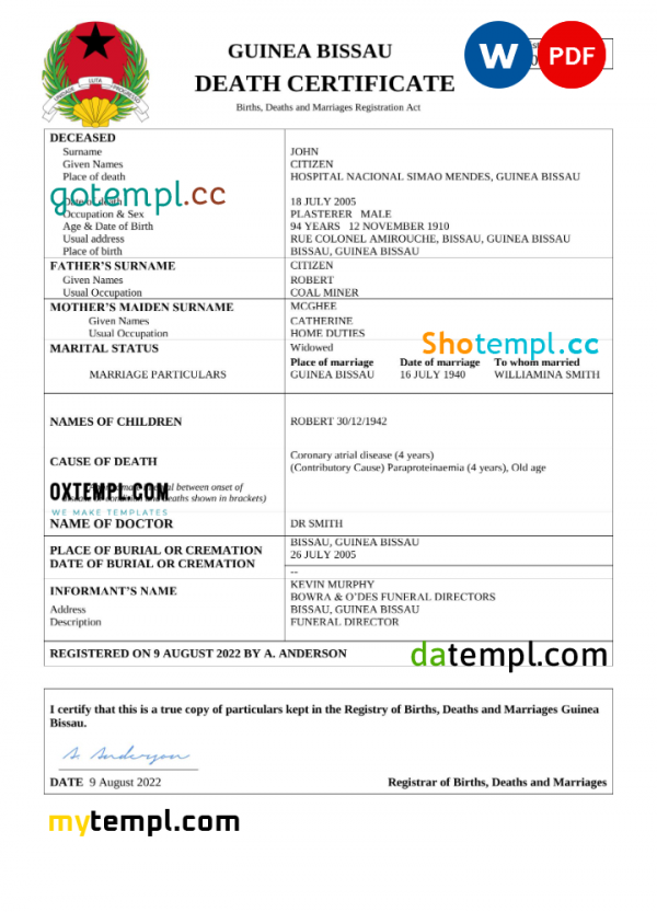 Guinea Bissau vital record death certificate Word and PDF template