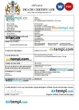 Guyana death certificate Word and PDF template, completely editable