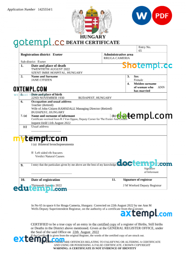 Hungary vital record death certificate Word and PDF template