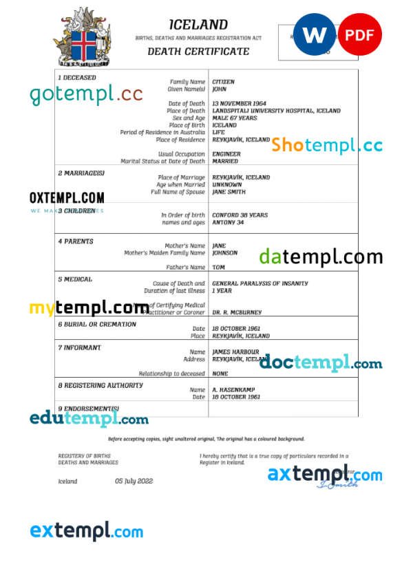 Iceland vital record death certificate Word and PDF template