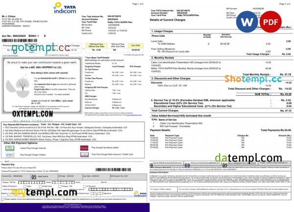 India Tata Indicom mobile utility bill template in Word and PDF format, 2 pages