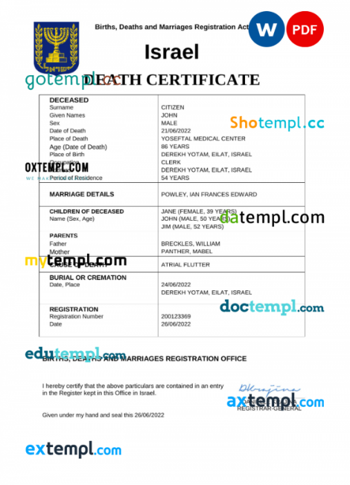 Israel death certificate Word and PDF template, completely editable