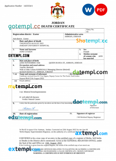 Jordan vital record death certificate Word and PDF template