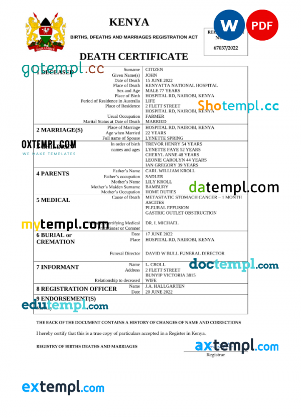 Kenya vital record death certificate Word and PDF template