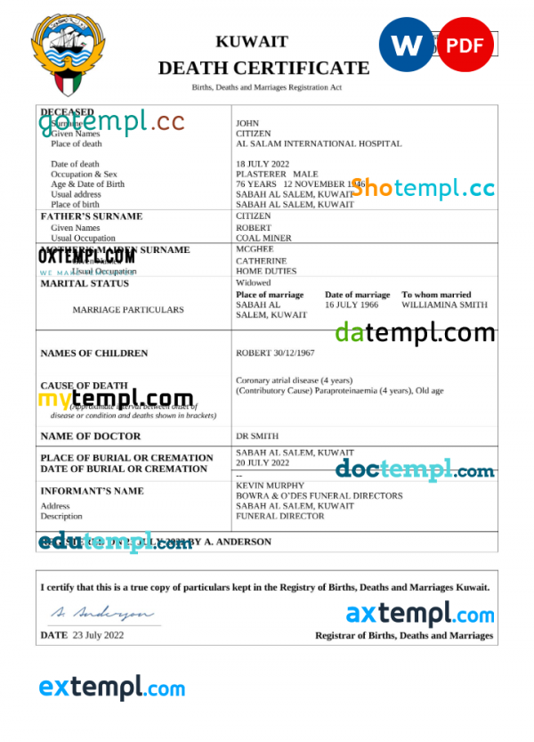 Kuwait death certificate Word and PDF template, completely editable