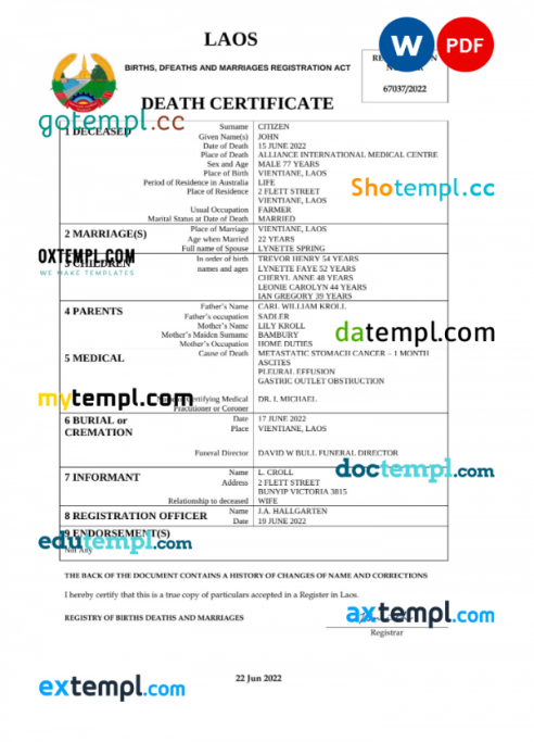 Laos vital record death certificate Word and PDF template
