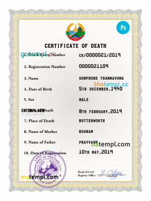 Laos vital record death certificate PSD template, fully editable