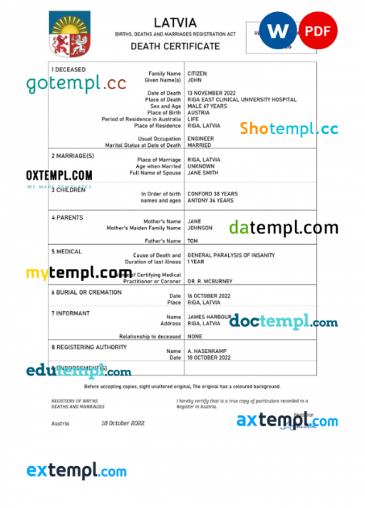 Latvia vital record death certificate Word and PDF template