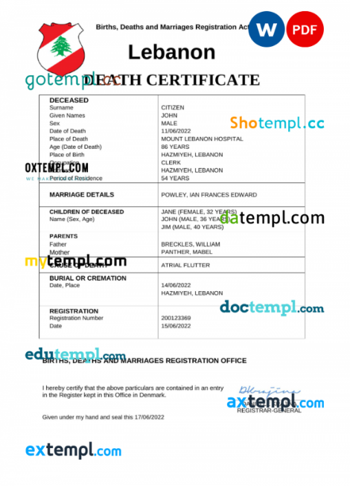 Lebanon death certificate Word and PDF template, completely editable