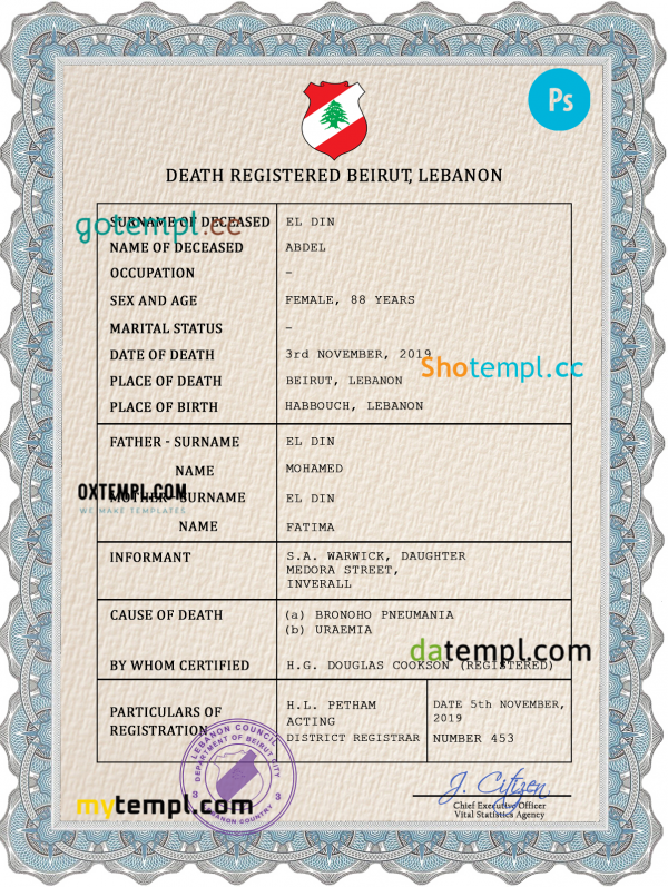 Lebanon vital record death certificate PSD template, completely editable